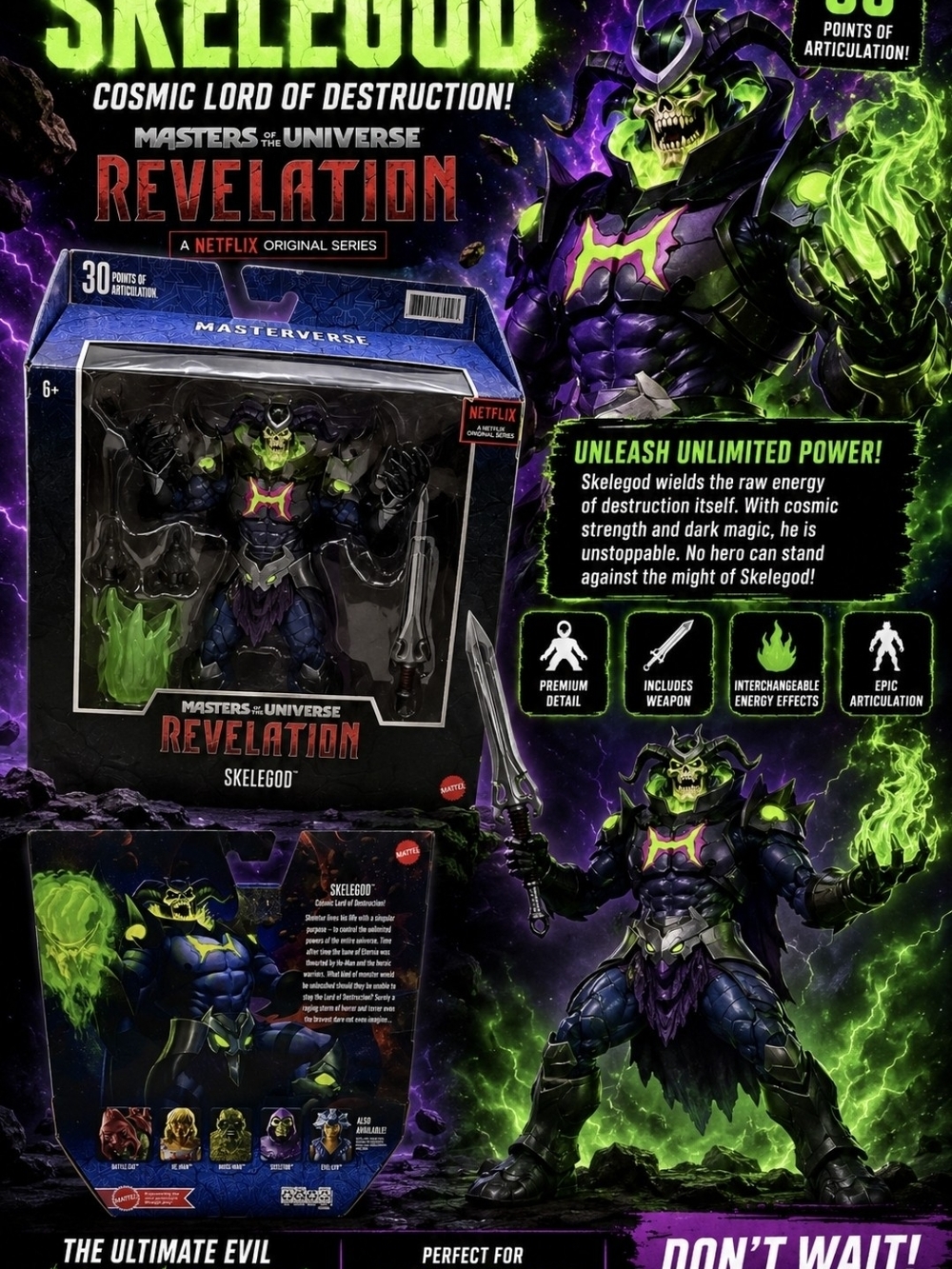 Masters of the Universe Revelation Skelegod Action Figure - Black & Green